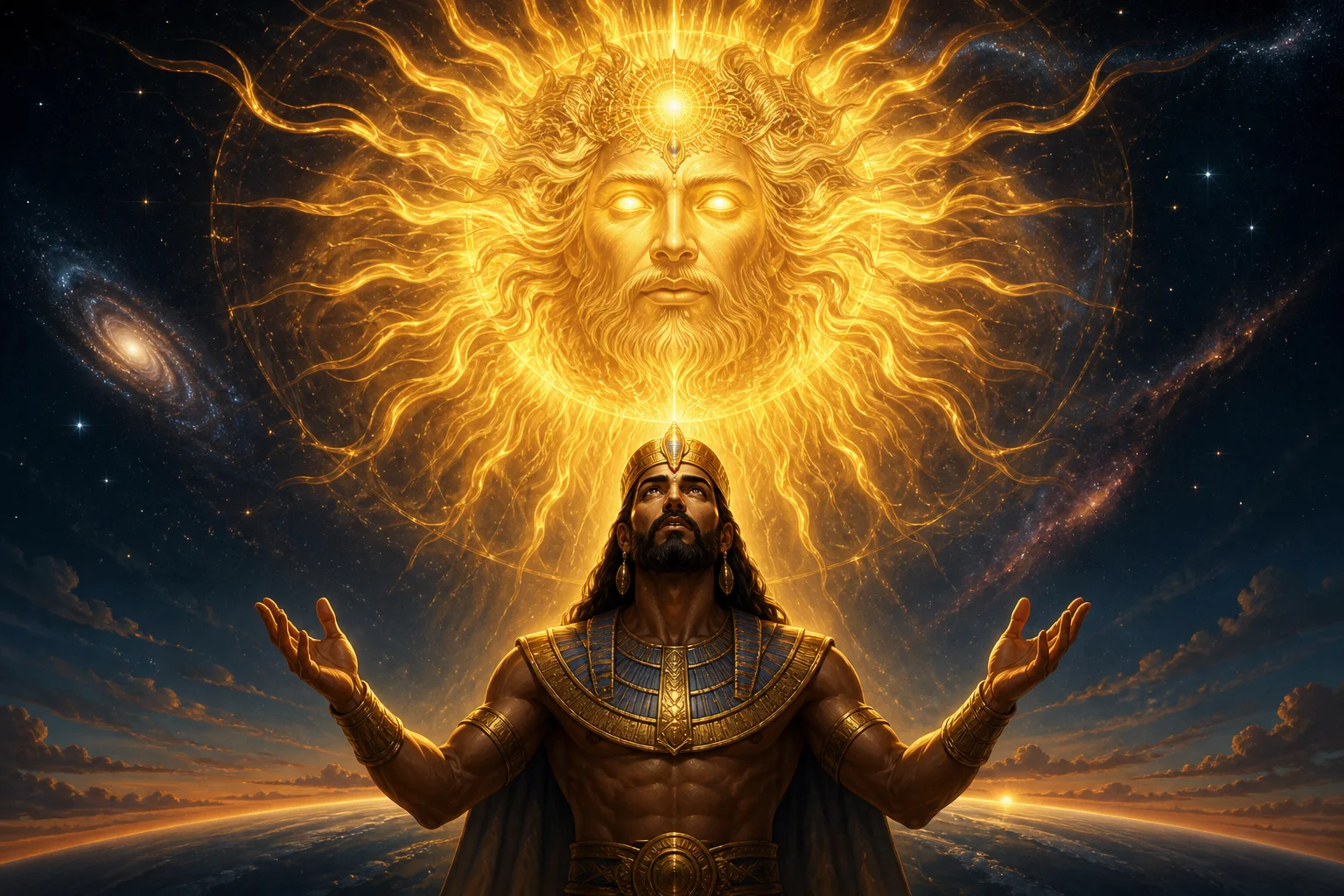 A sage on Earth's horizon receiving a vision of Poimandres as a face of living solar light