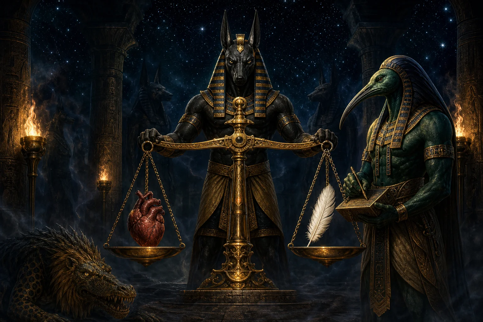 Anubis weighing a heart against the feather of Ma'at while Thoth records the result