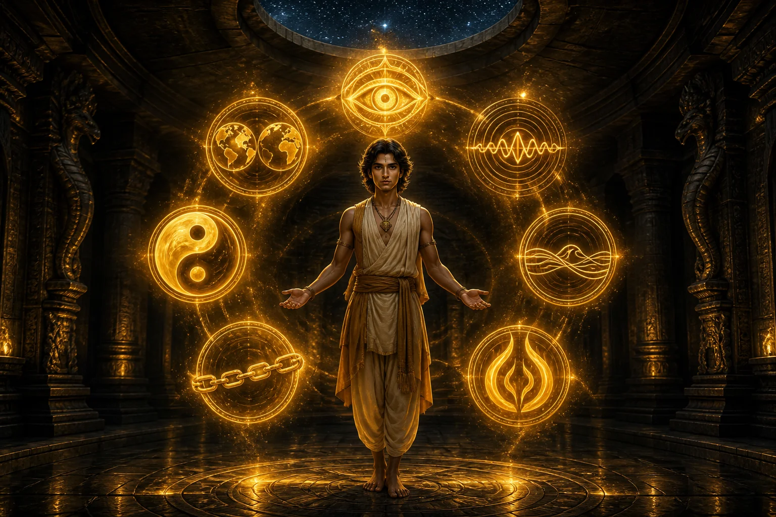 A seeker in a dark temple surrounded by seven glowing golden principle emblems