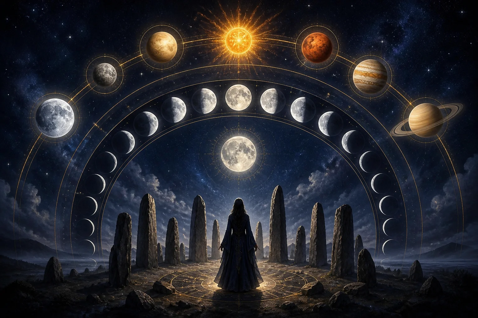 A practitioner in a stone circle beneath arcs of moon phases and planets