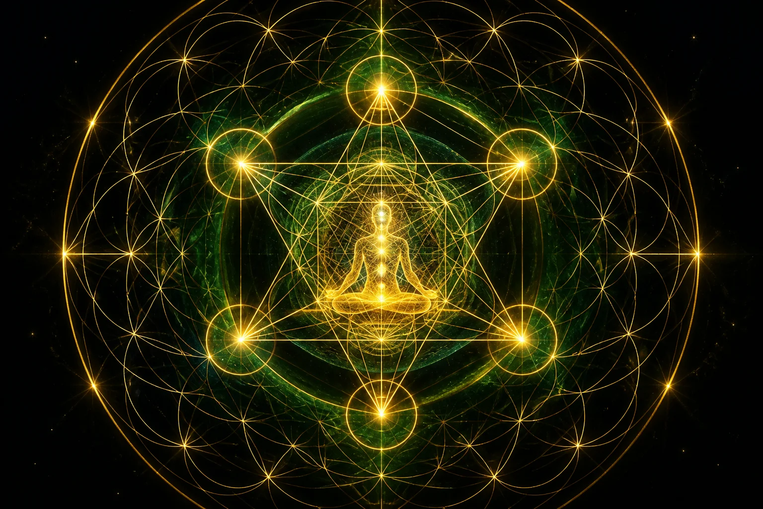 A meditating figure of light at the center of Metatron's Cube and Flower of Life geometry