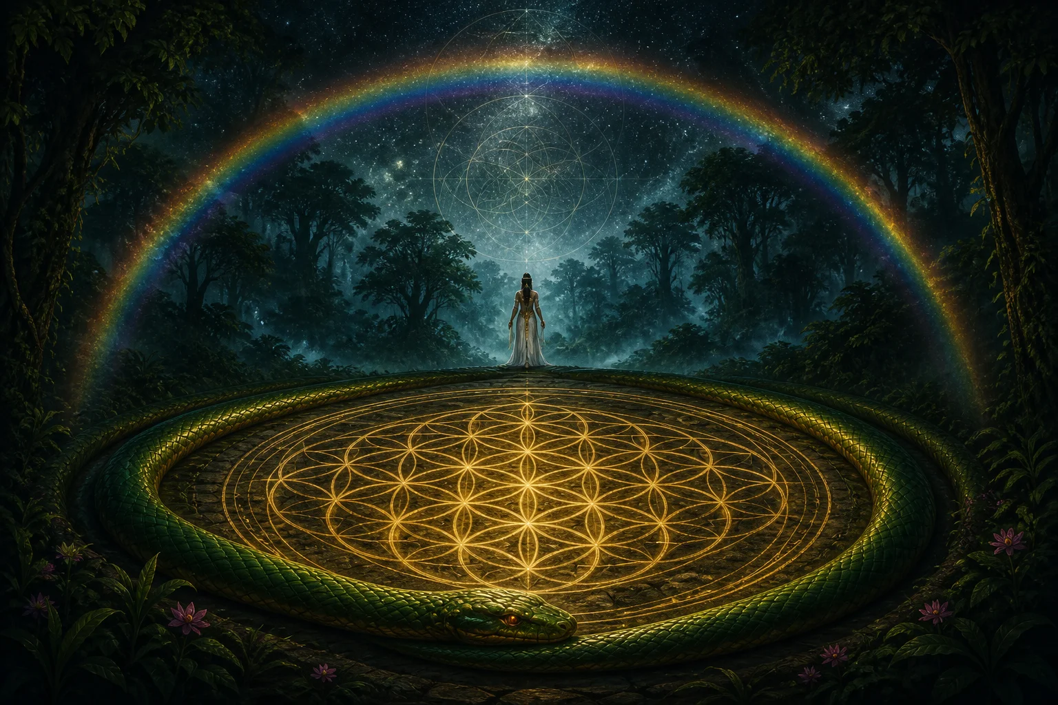 A green serpent coiled around a glowing Flower of Life mandala in a misty forest, rainbow overhead