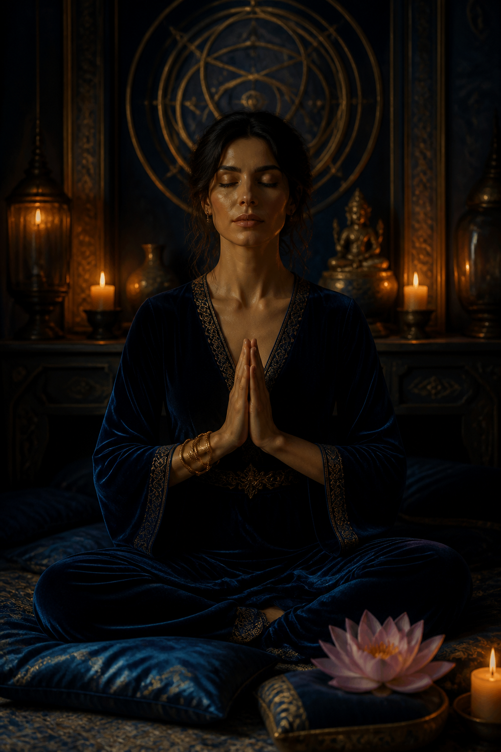 Adult woman in a velvet gown seated in candlelit meditation