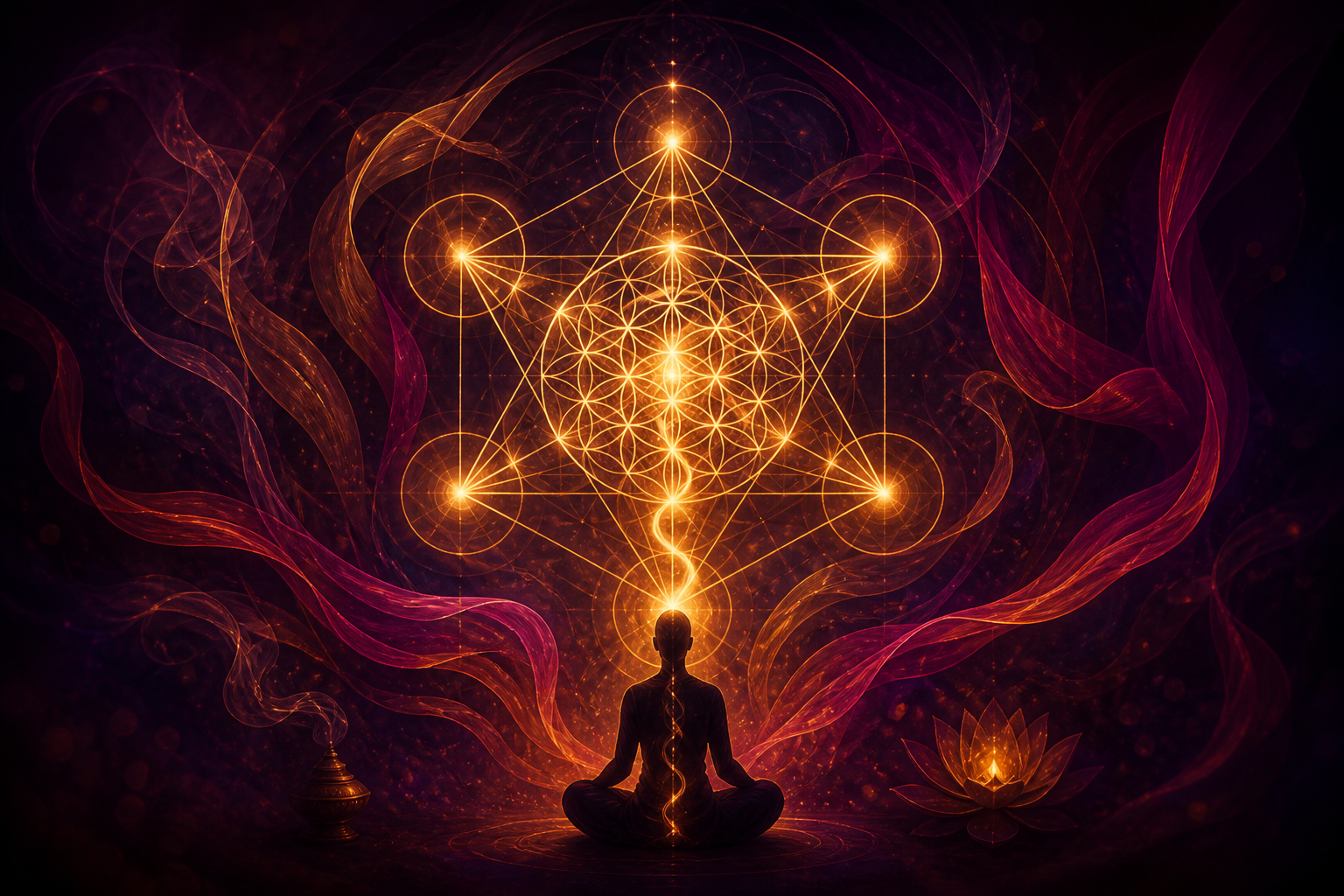 Sacred geometry lattice of honey-gold light with a meditating silhouette