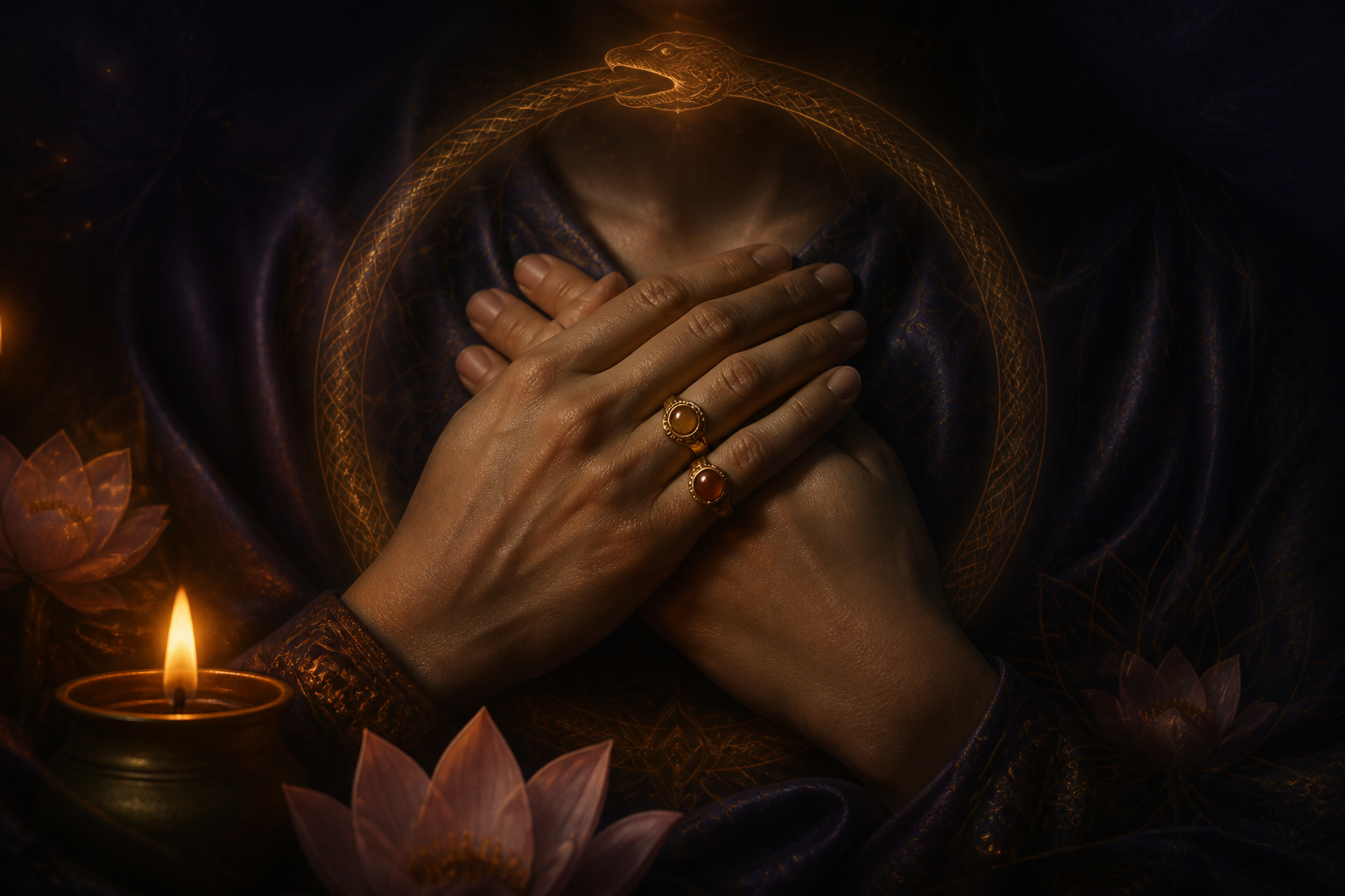 Hands resting in a gentle mudra over the heart in candlelight